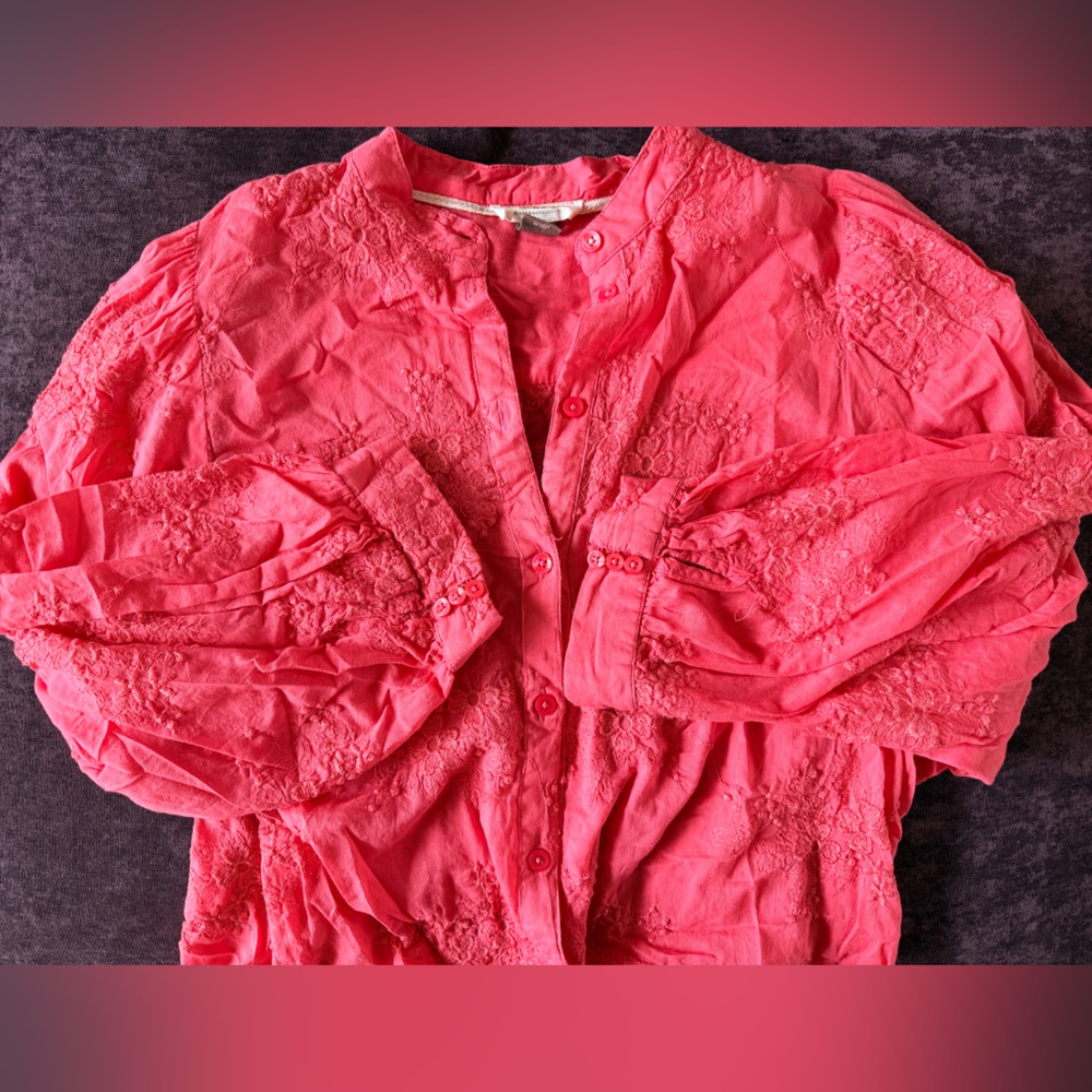 Pilcro by Anthropologie Coral pink cotton embroidered Button-Up Shirt